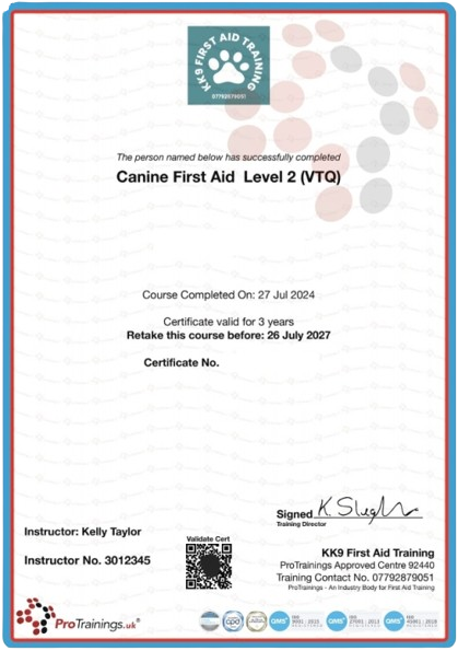 K9 First Aid Training Certificate